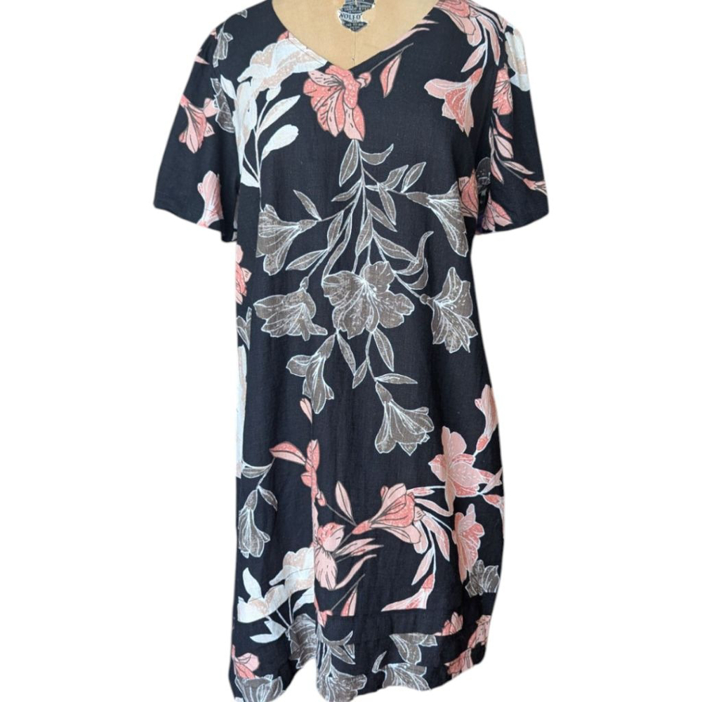 Nicole Miller Black & Pink Tropical Floral Linen Blend Mini Shift Dress Sz M